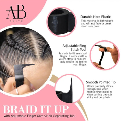 Royalty Headwear The Braid Aid Adjustable Finger Tool - Stitch Braiding Tool, Lightweight Hair Separating Comb - Great for Any Hair Type - Pack of 2