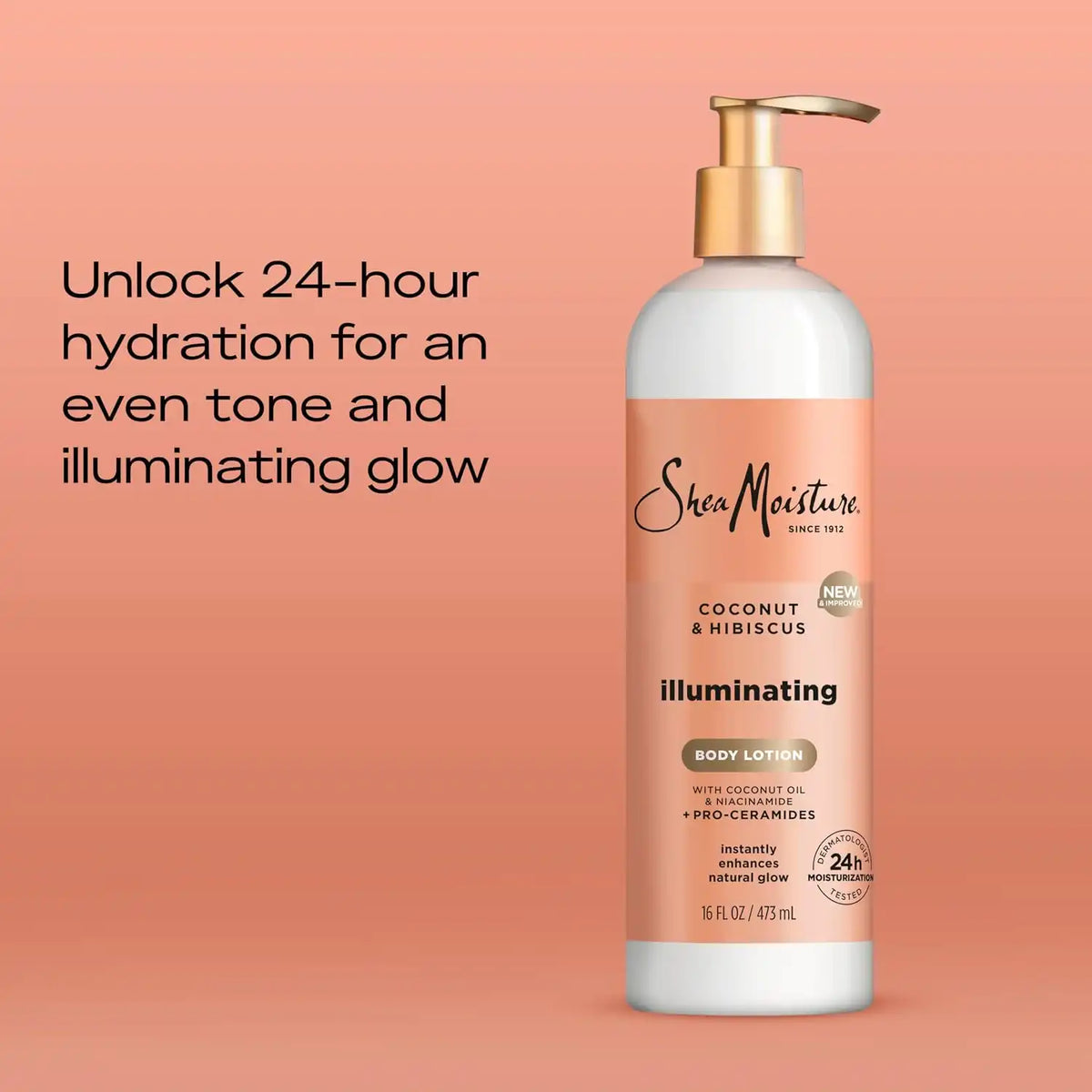 SheaMoisture Illuminating Body Lotion with Coconut Oil, Hibiscus, Niacinamide and Pro-Ceramides, Instantly Enhancing Skin's Natural Glow, 24H Moisturizing 16 oz, (Pack of 2)