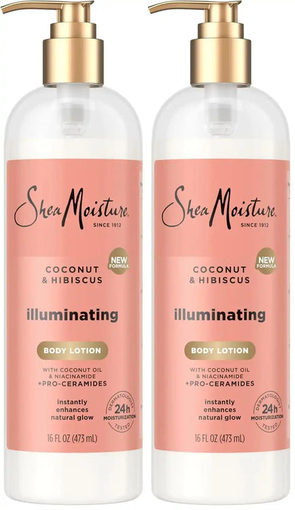 SheaMoisture Illuminating Body Lotion with Coconut Oil, Hibiscus, Niacinamide and Pro-Ceramides, Instantly Enhancing Skin's Natural Glow, 24H Moisturizing 16 oz, (Pack of 2)
