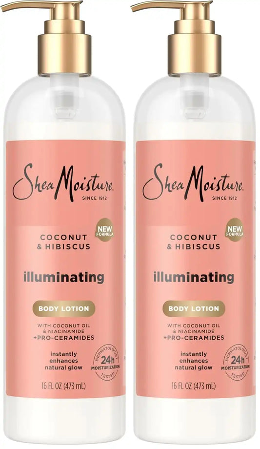 SheaMoisture Illuminating Body Lotion with Coconut Oil, Hibiscus, Niacinamide and Pro-Ceramides, Instantly Enhancing Skin's Natural Glow, 24H Moisturizing 16 oz, (Pack of 2)