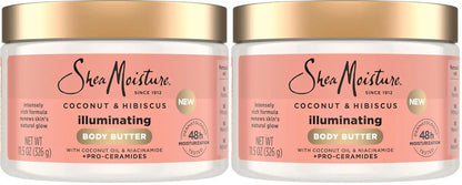 SheaMoisture Illuminating Body Butter with Coconut & Hibiscus, Niacinamide and Pro-Ceramides, Renewing Skin’s Natural Glow, 48H Moisturizing 11.5 oz,(Pack of 2)