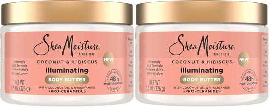 SheaMoisture Illuminating Body Butter with Coconut & Hibiscus, Niacinamide and Pro-Ceramides, Renewing Skin’s Natural Glow, 48H Moisturizing 11.5 oz,(Pack of 2)