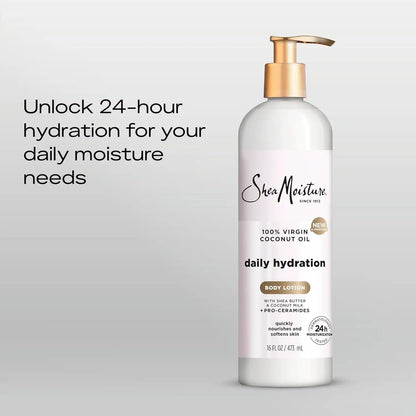 SheaMoisture Daily Hydration Body Lotion with 100% Virgin Coconut Oil, Shea Butter, Coconut Milk and Pro-Ceramides, Quickly Nourish & Soften Skin, 24H Moisturizing 16 oz (Pack of 4)