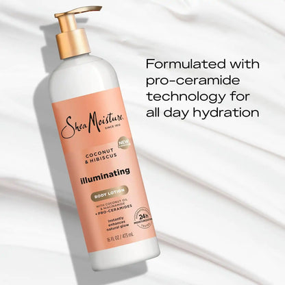 SheaMoisture Illuminating Body Lotion with Coconut Oil, Hibiscus, Niacinamide and Pro-Ceramides, Instantly Enhancing Skin's Natural Glow, 24H Moisturizing 16 oz, (Pack of 2)